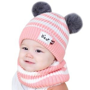 Infant Baby Pink Striped Winter Hat & Ring Scarf Set